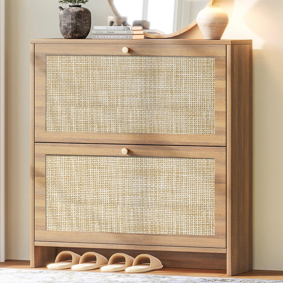 Nicetree Shoe Cabinet, 3 Flip Drawers & Adjustable Shelves, Ultra Slim Freestanding (9.1” Deep), Holds 30 Pairs, Narrow Shoe Storage Cabinet with Anti-Tip Safety, Modern Farmhouse White Walnut