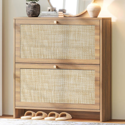 Nicetree Shoe Cabinet, 3 Flip Drawers & Adjustable Shelves, Ultra Slim Freestanding (9.1” Deep), Holds 30 Pairs, Narrow Shoe Storage Cabinet with Anti-Tip Safety, Modern Farmhouse White Walnut