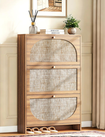 Nicetree Shoe Cabinet, 3 Flip Drawers & Adjustable Shelves, Ultra Slim Freestanding (9.1” Deep), Holds 30 Pairs, Narrow Shoe Storage Cabinet with Anti-Tip Safety, Modern Farmhouse White Walnut