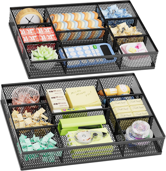 Marbrasse 2 Pack Desk Drawer Organizer, Mesh Drawer Organizer Tray with 8 Adjustable Compartments, Desk Organizers and Accessories, 5 Dividers Drawer for Office Supplies, Makeup & Vanity (Black)
