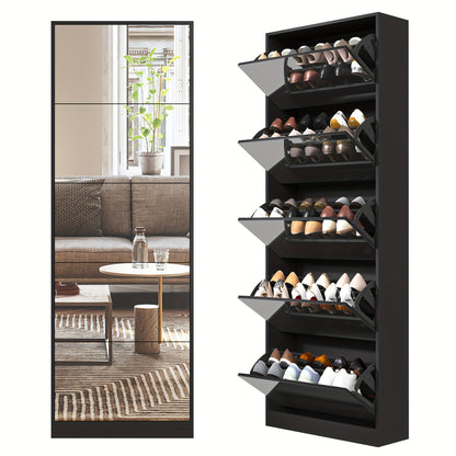Organizedlife Large Capacity Shoe Cabinet with Full Length Mirror, 5 Flip Drawer Shoe Storage Cabinet, Wooden 2-Tier Shoe Rack Organizer Holds 13-30 Pairs, Slim Tipping Bucket Shoe Cabinet for Entryway, Hallway, Foyer