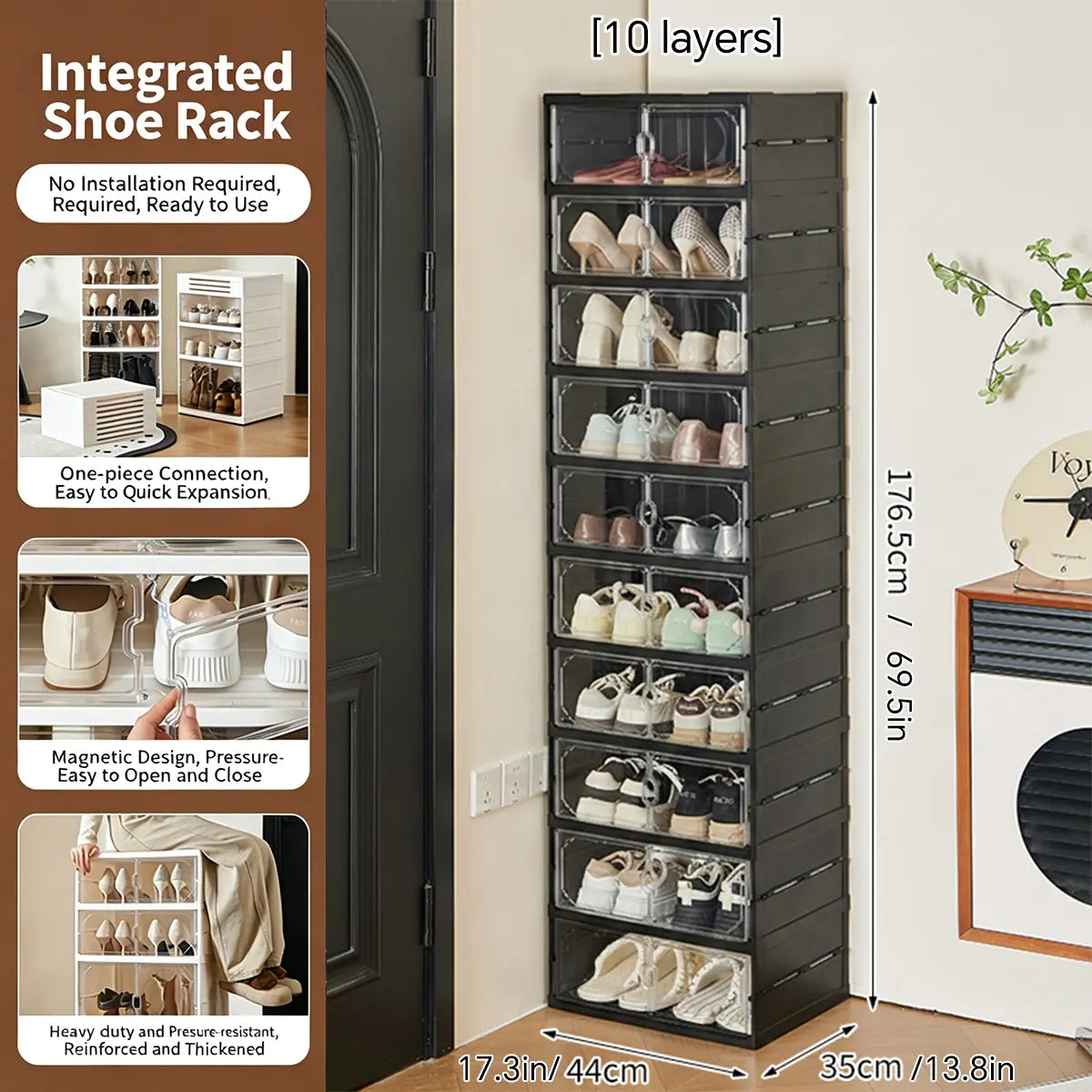 MiAoLi 10-Layer Folding Shoe Rack Organizer, Magnetic Transparent Door Plastic Shoe Cabinet with Quick Magnetic Close & Door Snap, Stackable, 20-Pair Capacity, Sturdy, No-Installation, Simple Design, Space-Saving, Indoor Furniture (TikTok Shop)