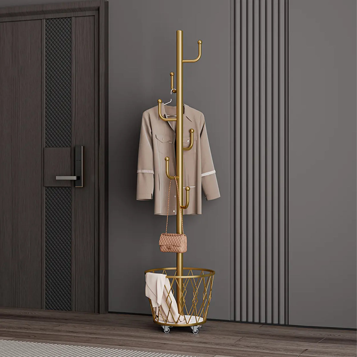 Rolling Clothes Rack with Storage Baskets & Wheels | Mobile Space Saving Garment Organizer | Freestanding Coat Rack Freestanding