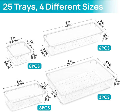 Durable 25/37/60 PCS Clear Plastic Drawer Organizers Set, 4-Size Versatile Silicone Bathroom Boxes and Vanity Trays, Storage Bins For Makeup, Kitchen, Cabinet Organizer, Dresser Drawer Organizers