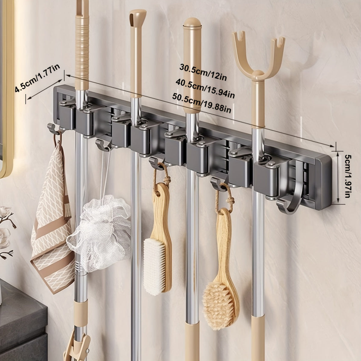 [Heavy-duty Adjustable Metal Mop Holder] Heavy-duty Golden Metal Mop And Broom Holder with Adjustable Hooks - Wall-mounted Organizer for Home, Kitchen, Garden, Laundry Room, Garage - Durable Tool And Equipment Storage Solution, Rack