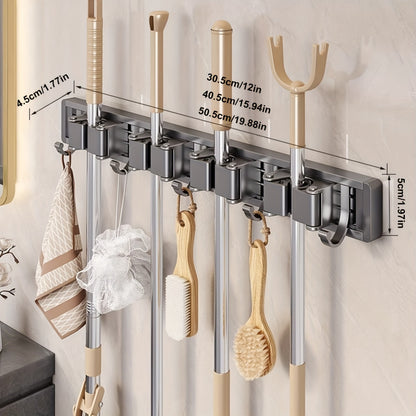 [Heavy-duty Adjustable Metal Mop Holder] Heavy-duty Golden Metal Mop And Broom Holder with Adjustable Hooks - Wall-mounted Organizer for Home, Kitchen, Garden, Laundry Room, Garage - Durable Tool And Equipment Storage Solution, Rack