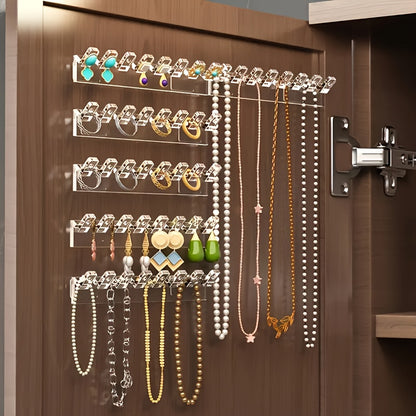 Transparent Acrylic 9pcs 8-Hook Wall-Mounted Jewelry Organizer - Space-Saving Multi-Functional Storage Rack for Necklaces, Bracelets, Earrings, Rings with Polished Hooks, Durable Plastic Design for Small Spaces, Perfect Gift for Living Room, Bedroom, Bath