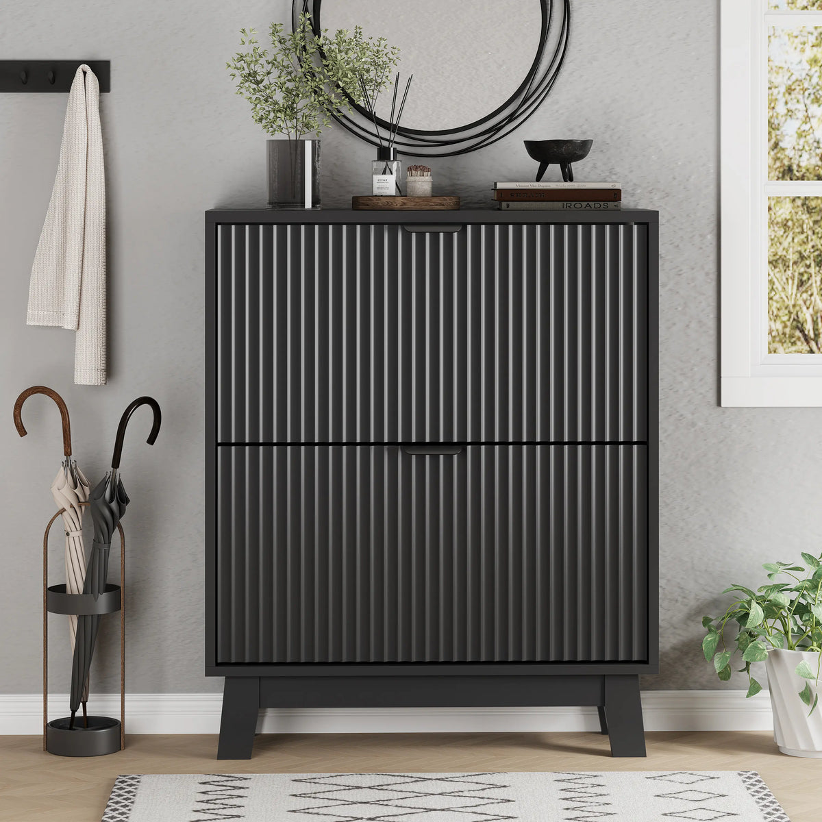 Black Freestanding Fluted Narrow Shoe Cabinet - Shoe Organization, Vertical Storage Solutions, 2 Hidden Flip Drawers, Slim Saves Floor Space, Wooden Legs, 12–16 Pair Hold, for Entryway Front Door, Father's Day Gift Idea