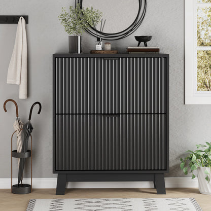 Black Freestanding Fluted Narrow Shoe Cabinet - Shoe Organization, Vertical Storage Solutions, 2 Hidden Flip Drawers, Slim Saves Floor Space, Wooden Legs, 12–16 Pair Hold, for Entryway Front Door, Father's Day Gift Idea