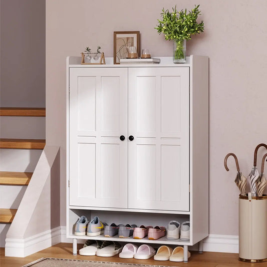 【BackToSchool】ONBRILL Shoe Storage Cabinet with Cross Molding Doors, 6-Tier Farmhouse Shoe Cabinet with 3 Adjustable Shelves and Metal Legs, 45'' Tall Shoes Rack Organizer Cabinet for Entryway, Front Door,dorm essentials,home decor