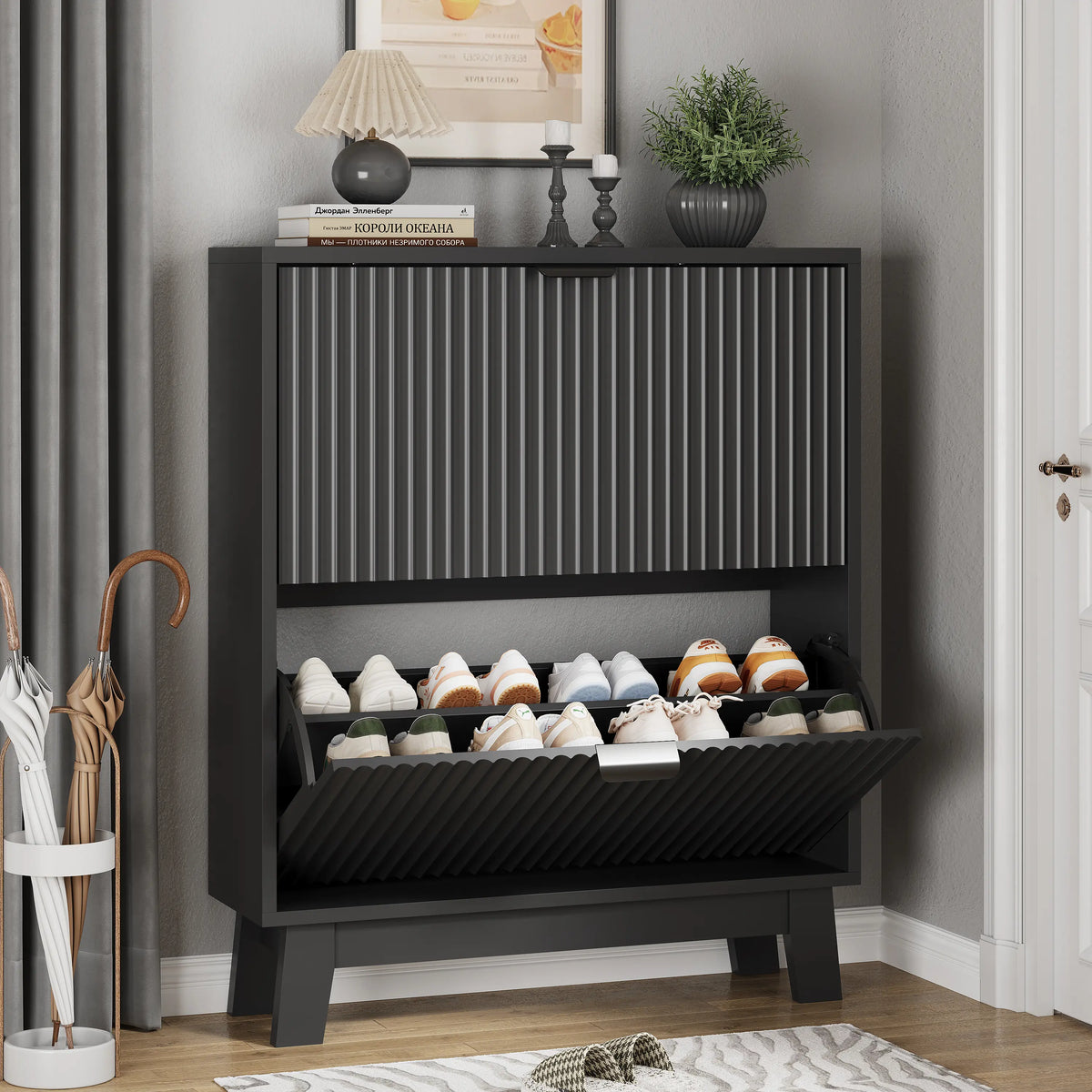 Black Freestanding Fluted Narrow Shoe Cabinet - Shoe Organization, Vertical Storage Solutions, 2 Hidden Flip Drawers, Slim Saves Floor Space, Wooden Legs, 12–16 Pair Hold, for Entryway Front Door, Father's Day Gift Idea