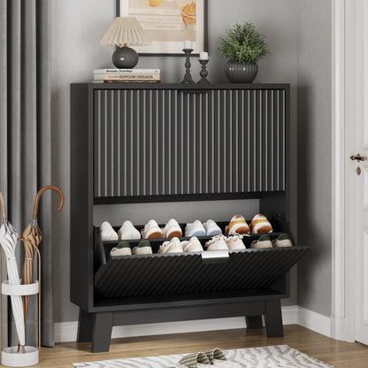 Black Freestanding Fluted Narrow Shoe Cabinet - Shoe Organization, Vertical Storage Solutions, 2 Hidden Flip Drawers, Slim Saves Floor Space, Wooden Legs, 12–16 Pair Hold, for Entryway Front Door, Father's Day Gift Idea