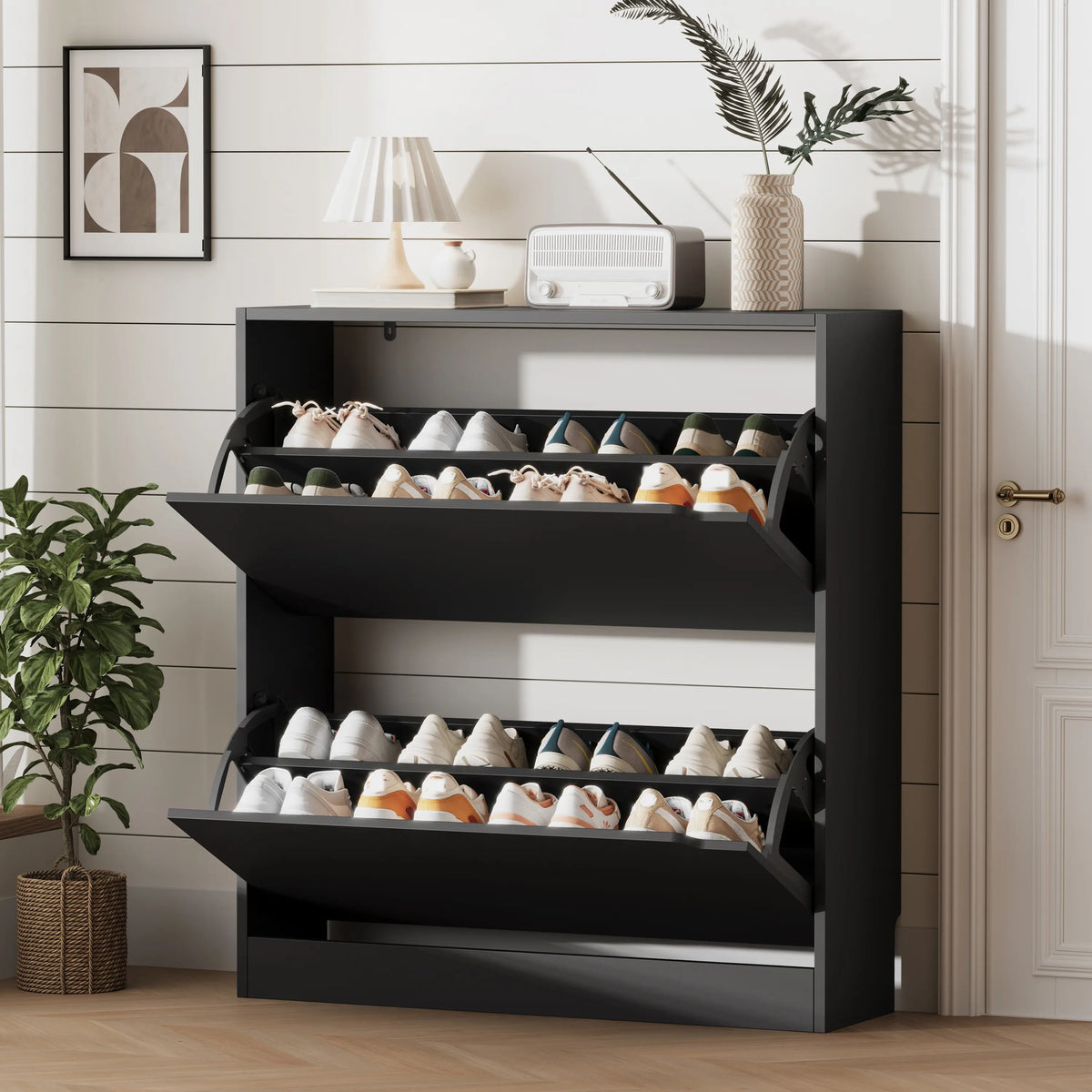 Shoe Storage Cabinet for Entryway with 2 Flip Drawers, Sturdy Wood Hidden Shoe Storage, Freestanding Narrow Slim Shoe Organizer for Front Door Entrance, Living Room, Hallway, Bedroom, Grey  Natural Finish fathers day gift ideas