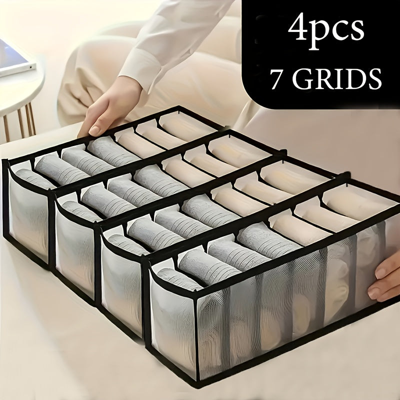 4pcs Set of 7-Compartment Folding Storage Boxes - Non-Woven Fabric Drawer Organizer with Mesh Panel, Suitable for Pants, Underwear, Trousers, and Travel Accessories, Space-Saving Wardrobe Storage Box