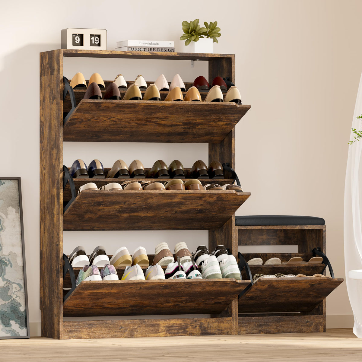 BORNOON Shoe Cabinet with 3 Flip Drawers, Hidden Wood Shoe Cabinet,Freestanding Shoe Storage Cabinet for Entryway Hallway.White. 47.2" H*31.5" W*9.45" D.