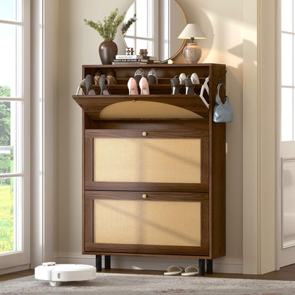 Shoe Cabinet with 3 Flip Drawers, Rattan Slim Narrow Freestanding Hidden