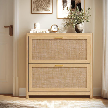 VASAGLE Boho Shoe Storage Cabinet, Slim, Rattan-Look Flip Drawers