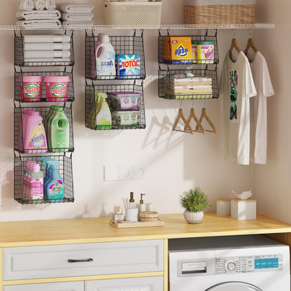 3-Tier Hanging Laundry Basket Organizer：Foldable Wire Shelf Laundry Room Organizer with 360°Rotating Hooks Small Space Solutions Closet Hanging Organizer - Laundry Organization, White Patent