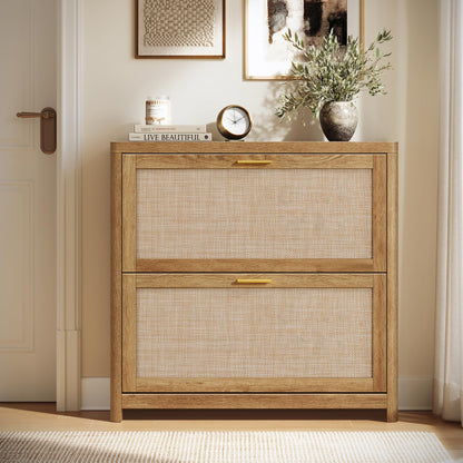 VASAGLE Boho Shoe Storage Cabinet, Slim, Rattan-Look Flip Drawers