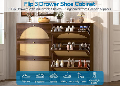 Shoe Cabinet with 3 Flip Drawers, Rattan Slim Narrow Freestanding Hidden