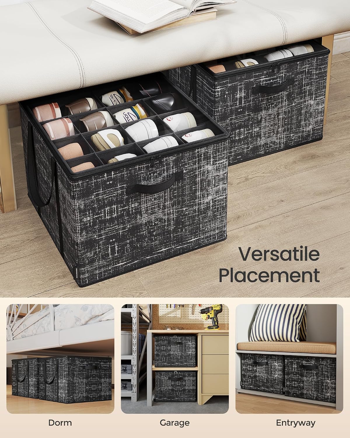 SONGMICS Set of 2 Shoe Organizers for Closet, Fits 16 Pairs Each, Shoe Storage Bins, Fabric Containers with Handles and Clear Cover, for Bedroom, Entryway, Closet, Ink Black ULSP602B01