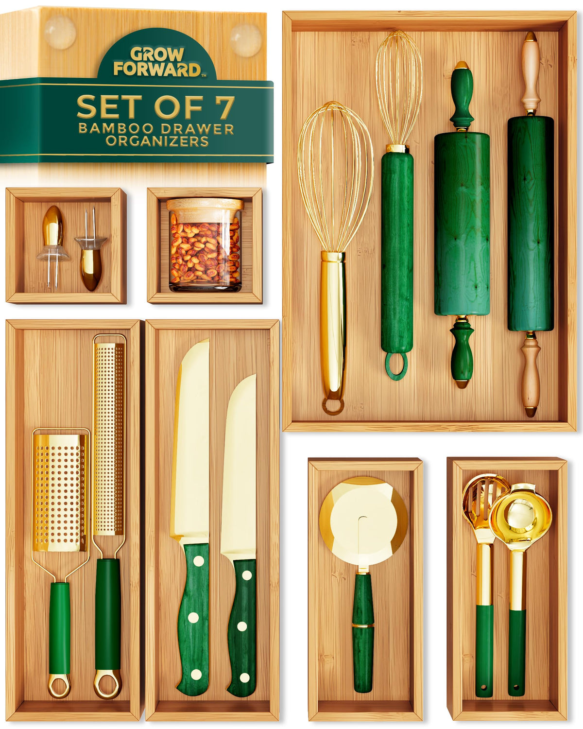 Grow Forward Bamboo Drawer Organizer Boxes - Set of 21 Wooden Drawer Organizers for Kitchen, Bathroom, Office, Desk, Vanity, Makeup - Non-Slip Junk Drawer Organizer Trays for Storage and Organization