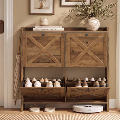 VASAGLE Narrow Shoe Storage Cabinet Organizer with 2 Flip Drawers