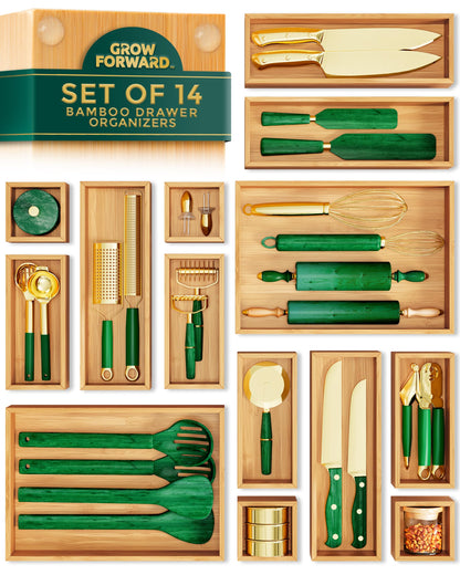 Grow Forward Bamboo Drawer Organizer Boxes - Set of 21 Wooden Drawer Organizers for Kitchen, Bathroom, Office, Desk, Vanity, Makeup - Non-Slip Junk Drawer Organizer Trays for Storage and Organization