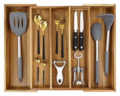 Luxury Acacia Kitchen Drawer Organizer - Silverware Organizer - Utensil Holder and Cutlery Tray with Grooved Drawer Dividers for Flatware and Kitchen Utensils (8 Slot), 17*12.4*2 inch
