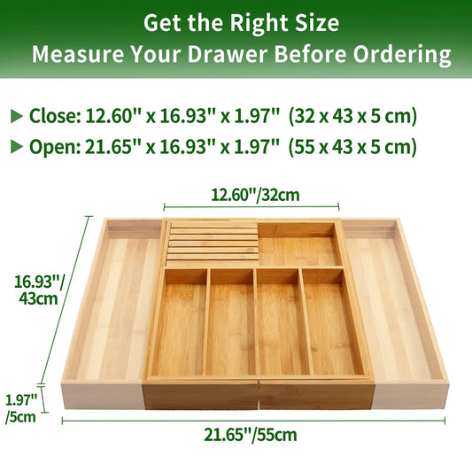 Bamboo Silverware Drawer Organizer Kitchen, Expandable Utensil Organizer with Knife Block, Cutlery Tray with Divider, Multifunctional Wooden Drawer Organizer