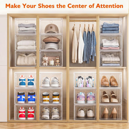 Sturdy Clear Shoe Organizer with Magnetic Door, Stackable Shoe Storage Box
