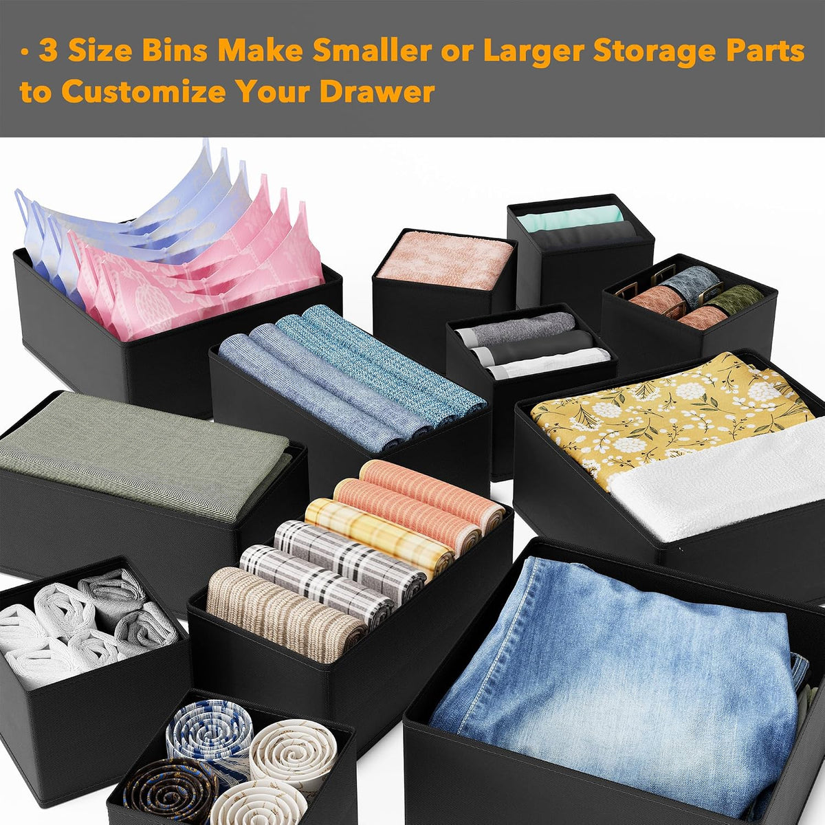 SpaceAid Drawer Organizer Clothes, 12 Pack Dresser Organizer Bins for Nursery, Closet Organization and Storage Dividers for Clothing, Baby Clothes, Underwears, Socks (Black)
