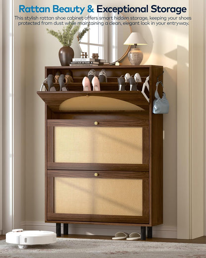Shoe Cabinet with 3 Flip Drawers, Rattan Slim Narrow Freestanding Hidden