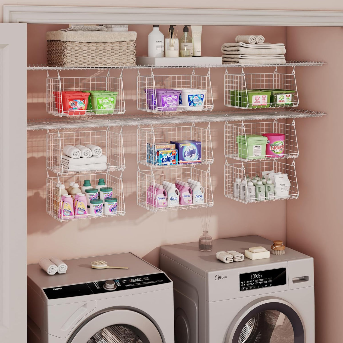 3-Tier Hanging Laundry Basket Organizer：Foldable Wire Shelf Laundry Room Organizer with 360°Rotating Hooks Small Space Solutions Closet Hanging Organizer - Laundry Organization, White Patent