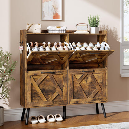 Nicetree Shoe Storage Cabinet with 2 Flip Drawers, Freestanding Wood Shoe Organizer with Metal Legs, Farmhouse Slim Shoe Rack for Entryway, Foyer, Hallway, Rustic Brown