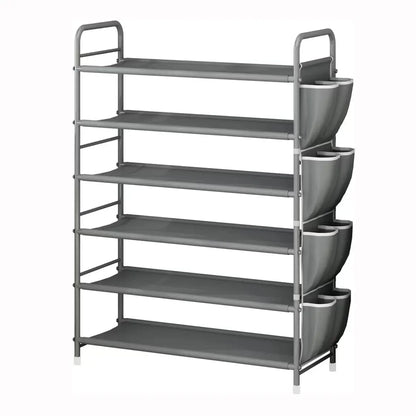 SUOERNUO Stable 4-Tier Vertical Shoe Rack Organizer - Free-Standing Iron + Fabric Shelf with Side Bag, Holds 9-12 Pairs, 10-15 kg Capacity, Bronze Organizer Storage for Entryway Bedroom, Small Room Organization
