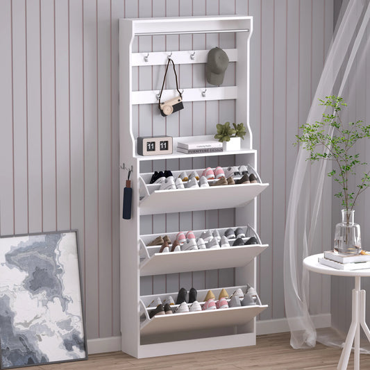 Natural Finish Adjustable Shoe Cabinet with Hidden Storage，Shoe Storage Cabinet with 3 Flip Drawers,Narrow Shoe Rack Cabinet,Freestanding Organizer Storage for small-sized multifunctional furniture White fathers day gift ideas,dorm essentials,home decor