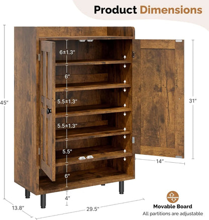 Farmhouse Shoe Cabinet with Doors, 6-Tier Wooden Shoe Organizer with Adjustable Shelves, Entryway Storage Cabinet with Metal Legs, Rustic Shoe Storage for Entryway or Living Room