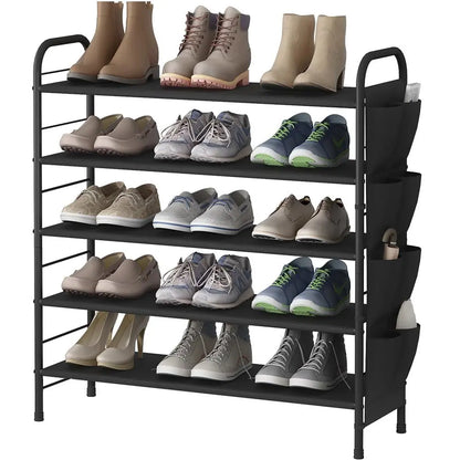 SUOERNUO Stable 4-Tier Vertical Shoe Rack Organizer - Free-Standing Iron + Fabric Shelf with Side Bag, Holds 9-12 Pairs, 10-15 kg Capacity, Bronze Organizer Storage for Entryway Bedroom, Small Room Organization