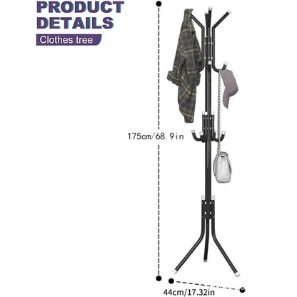 Durable Freestanding Carbon Steel Garment Rack - Compact Yet Spacious Hall Tree with 12 Hooks, Sturdy Triangular Base, Plastic Hat Organizer, Display Stand, Bag Hangers, Quick-Setup Steel Pipes for Dorm, Hallway Home Furniture