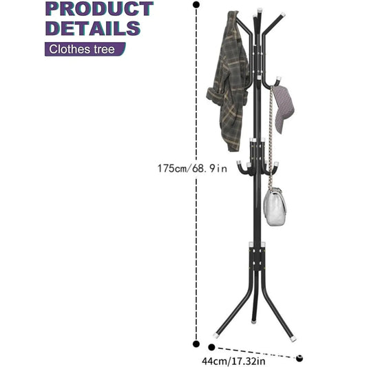 Durable Freestanding Carbon Steel Garment Rack - Compact Yet Spacious Hall Tree with 12 Hooks, Sturdy Triangular Base, Plastic Hat Organizer, Display Stand, Bag Hangers, Quick-Setup Steel Pipes for Dorm, Hallway Home Furniture