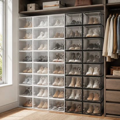 Stackable Plastic Shoe Storage Boxes with Front Flip-Top Design, Black/White Frame, Dustproof Sneaker Display