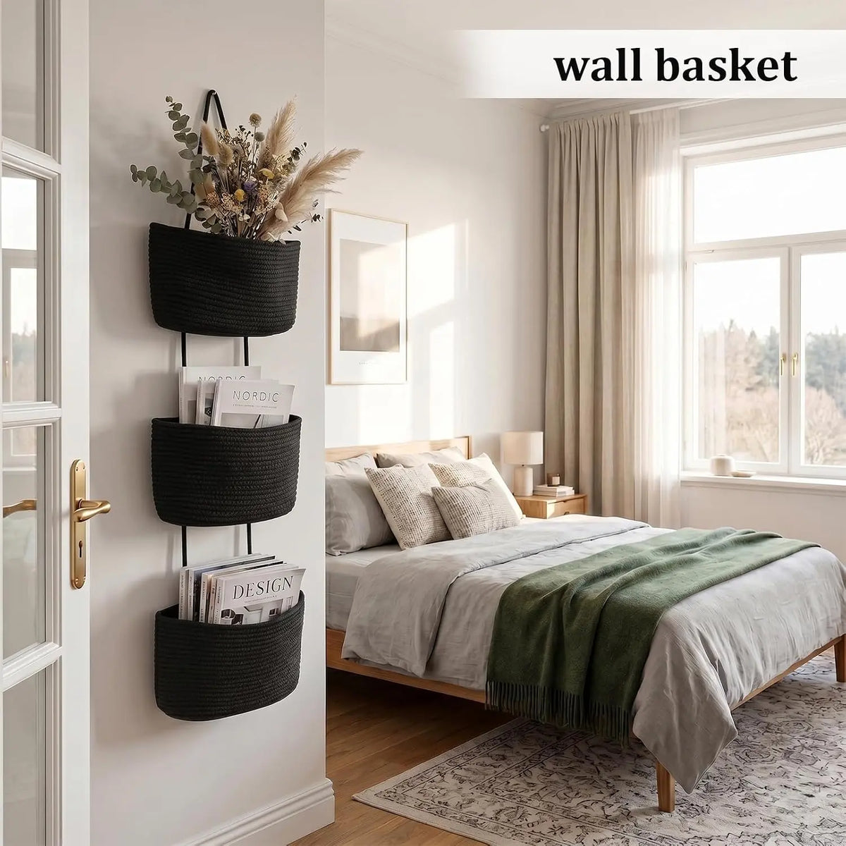 14in 3-Tier Woven Cotton Over-The-Door Hanging Basket Organizer with Handles, Multifunctional Storage for Bathroom Beauty Essentials, Closet Organization, Room Storage