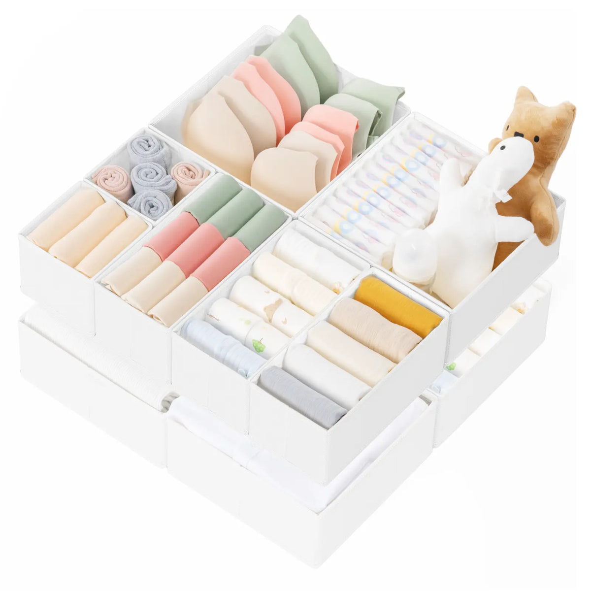 Criusia 10-Pack 3 Sizes Fit Drawers Square Non-Woven Organizer Set - Collapsible Storage Boxes, Room Inserts for Clothing, Baby Nursery, Bedroom Drawers Stay Tidy (White)