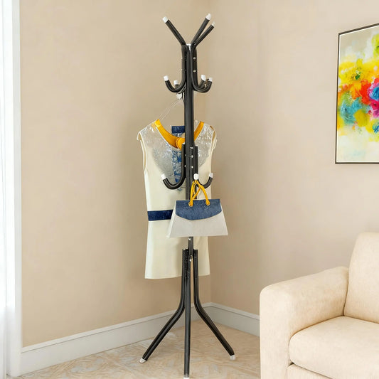 Durable Freestanding Carbon Steel Garment Rack - Compact Yet Spacious Hall Tree with 12 Hooks, Sturdy Triangular Base, Plastic Hat Organizer, Display Stand, Bag Hangers, Quick-Setup Steel Pipes for Dorm, Hallway Home Furniture