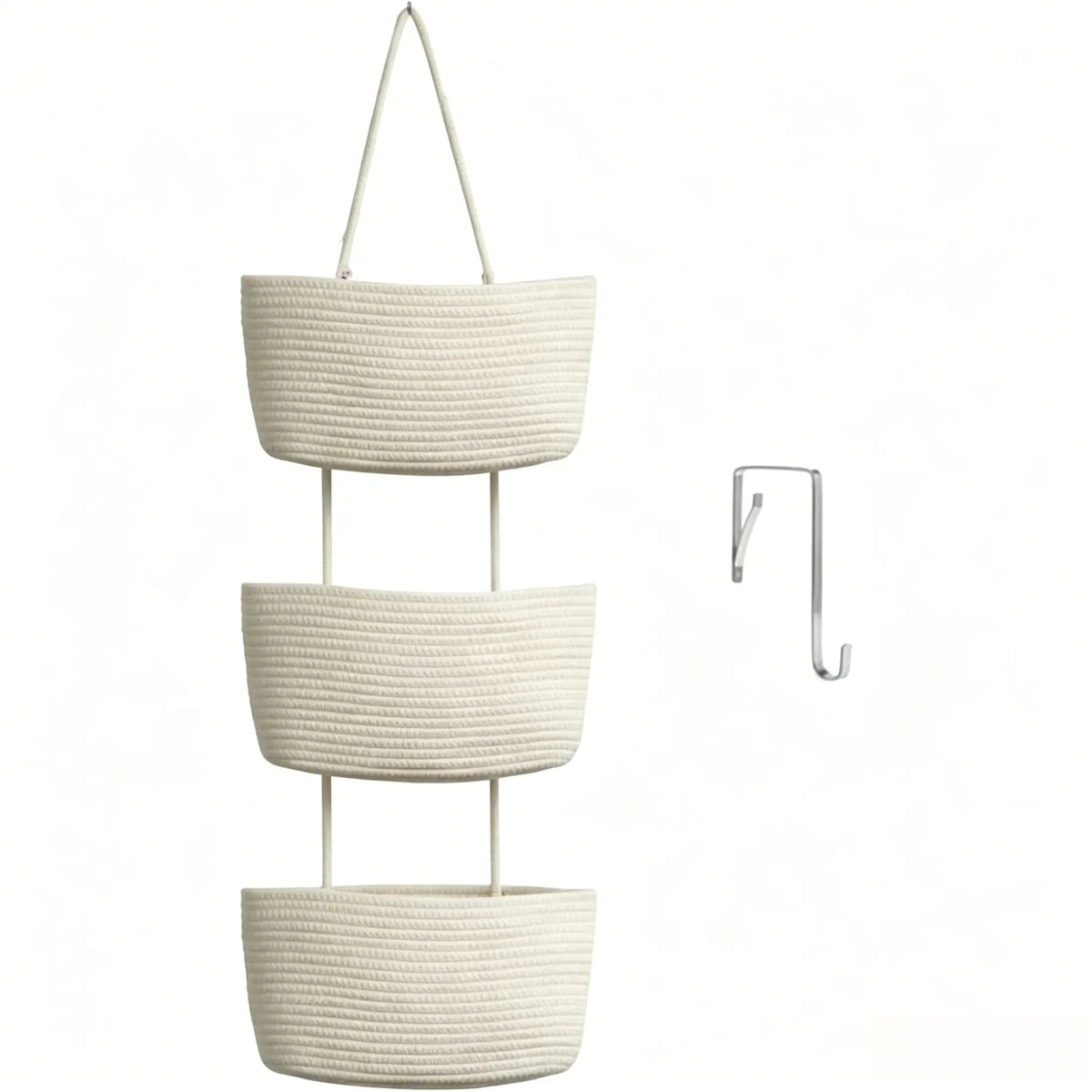 Woven Cotton 3-Tier Over-The-Door Wall-Mountable Storage Basket with Handles - 11in Home Accessory for Beauty & Daily Necessities Room Storage, French Country Organizer