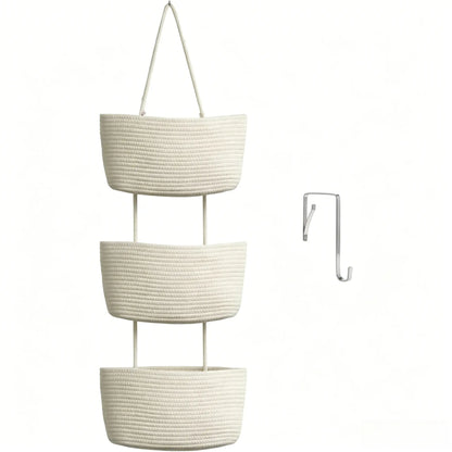 Woven Cotton 3-Tier Over-The-Door Wall-Mountable Storage Basket with Handles - 11in Home Accessory for Beauty & Daily Necessities Room Storage, French Country Organizer