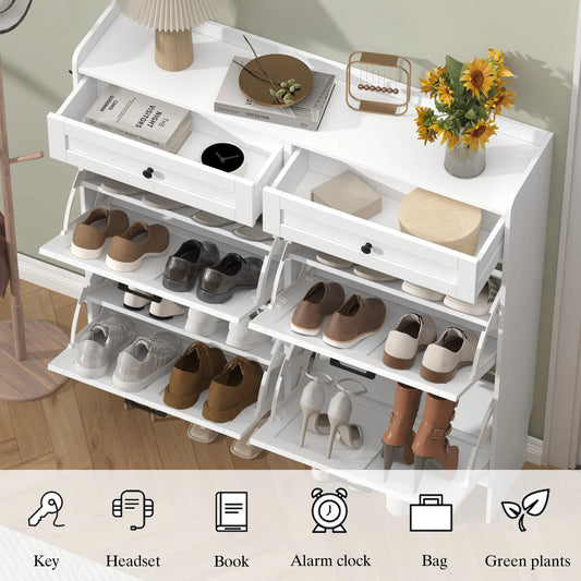 Shoe Storage Cabinet for Entryway, Farmhouse Wide Shoe Cabinet with 4 Flip Drawers and 2 Top Drawers, Freestanding Organizer with Adjustable Shelves, Hooks, and Anti-Tip Kit for Hallway fathers day gift ideas,dorm essentials,home decor