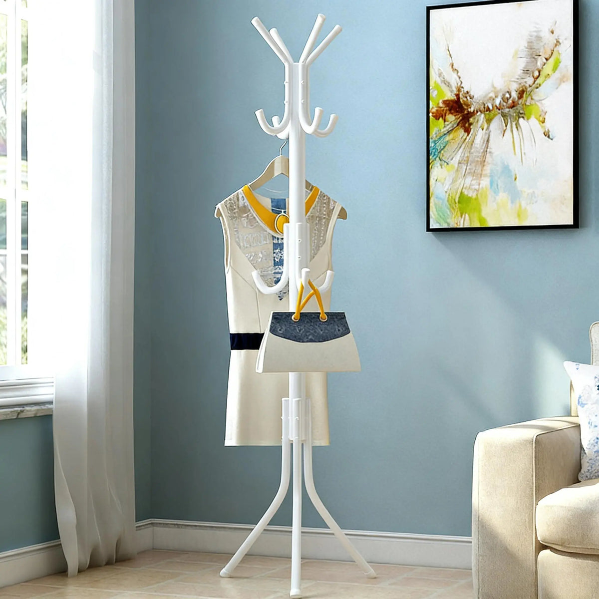 12-Hook Freestanding Clothes Rack - Modernist Look Stainless Steel Floor Standing Stand-Alone Coat Rack, Indoor Furniture Home Organizer for Coats, Hats, Jackets & Purses, Stainless Steel Coat Racks