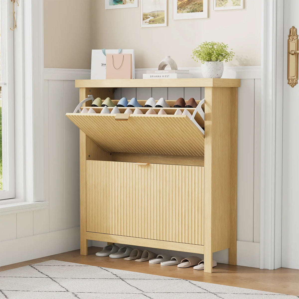 GARVEE 32.3" Narrow Wooden Shoe Storage Cabinet with 2 Flip Drawers - Slim Hidden Shoe Rack Organizer, Wall-Mount Option, Sturdy Base, Tilt-Out Design for Entryway, Small Spaces, Metal